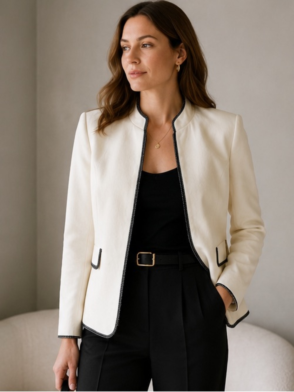 Tahari Cream Collarless Blazer with Black Trim Womens Size 12
